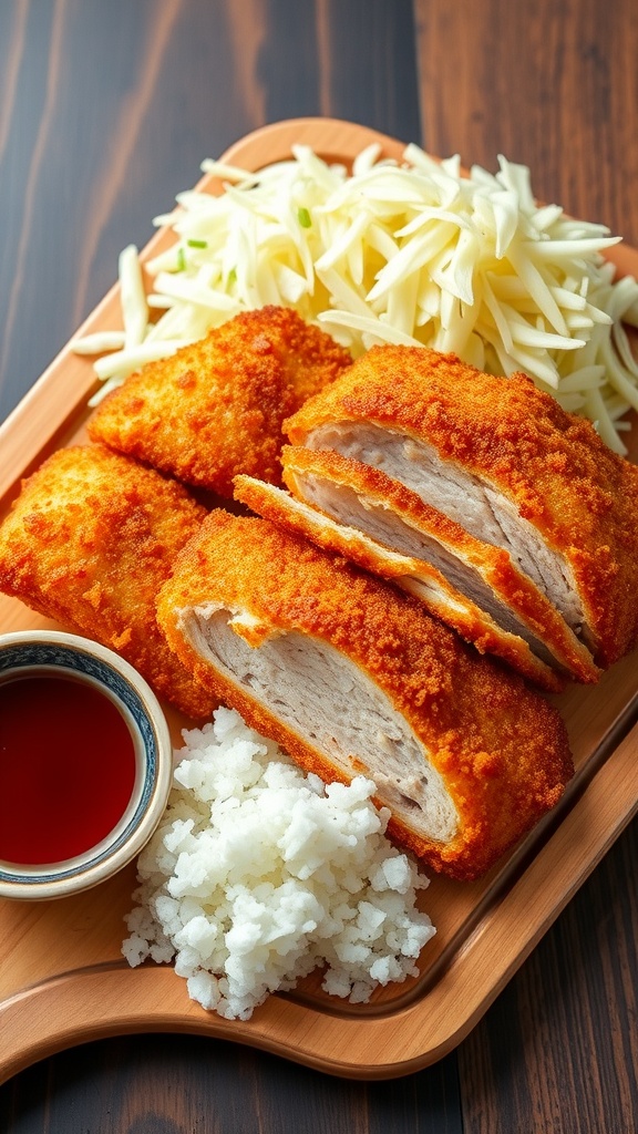 Crispy pork katsu on a plate with tonkatsu sauce, shredded cabbage, and rice.